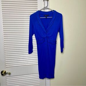 BCBG DRESS JERSEY BLUE Size XS Knee Length V Neck Ruched Sleeve